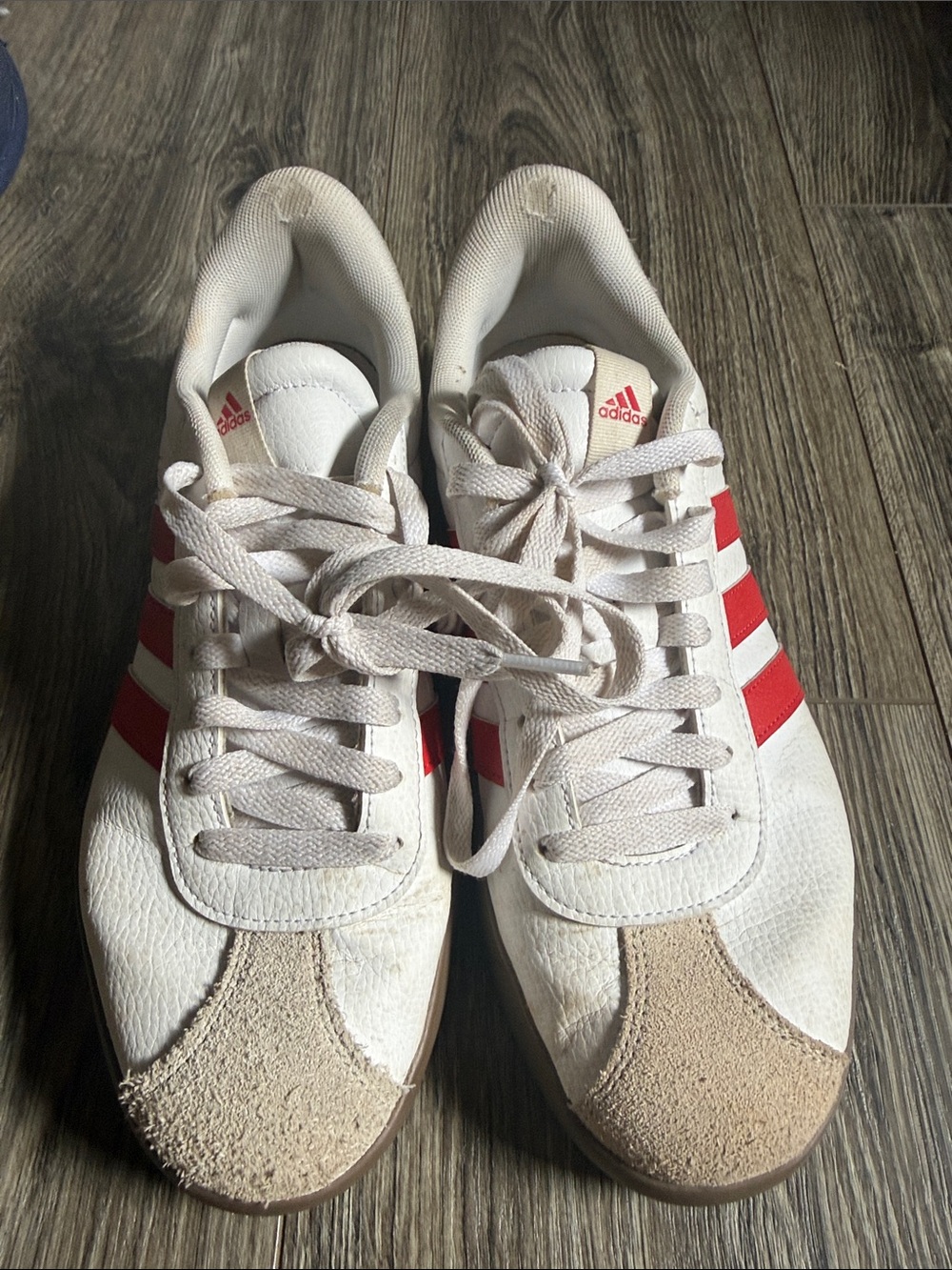 adidas Women’s White Sneakers with Red Stripes and Tan Suede Toe size 10